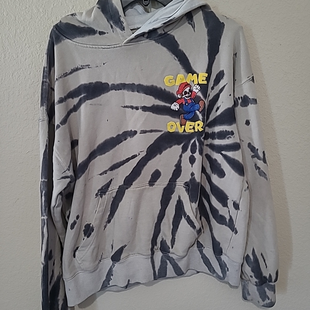 Mens Super Mario Game Over Tie-Dye Hoodie Pullover Size L No Drawstrawstring
